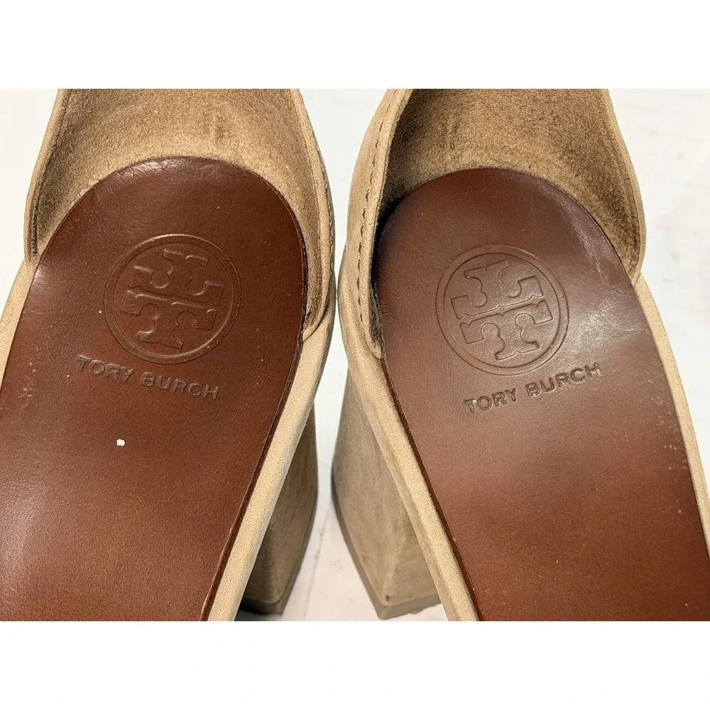 Tory Burch Gabrielle Beige Suede Block‎ Heel Sandals Logo Hardware Women's 6.5M